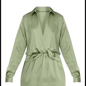 Sage green silky shirt dress